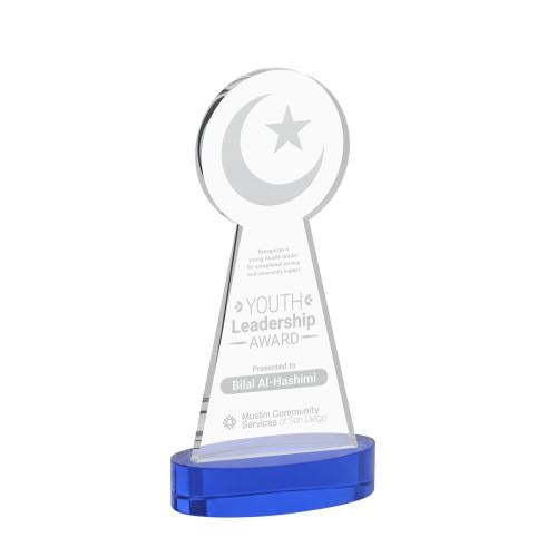 Awards and Trophies - Crystal Awards - Crescent & Star Blue on Alberton Base Unique Crystal Award