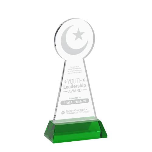 Awards and Trophies - Crystal Awards - Crescent & Star Green on Hartford Base Unique Crystal Award
