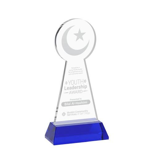 Awards and Trophies - Crystal Awards - Crescent & Star Blue on Hartford Base Unique Crystal Award
