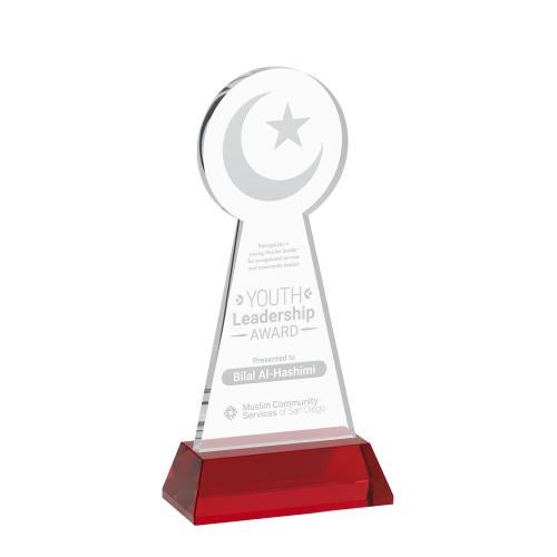 Awards and Trophies - Crystal Awards - Crescent & Star Red on Hartford Base Unique Crystal Award