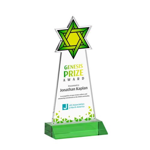Awards and Trophies - Crystal Awards - Star of David Full Color Green Unique Crystal Award