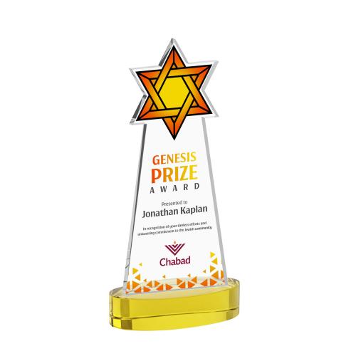 Awards and Trophies - Crystal Awards - Star of David Full Color Gold on Alberton Base Unique Crystal Award