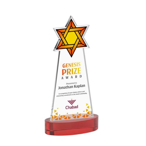 Awards and Trophies - Crystal Awards - Star of David Full Color Red on Alberton Base Unique Crystal Award