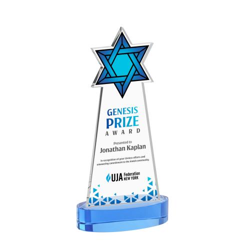 Awards and Trophies - Crystal Awards - Star of David Full Color Sky Blue on Alberton Base Unique Crystal Award