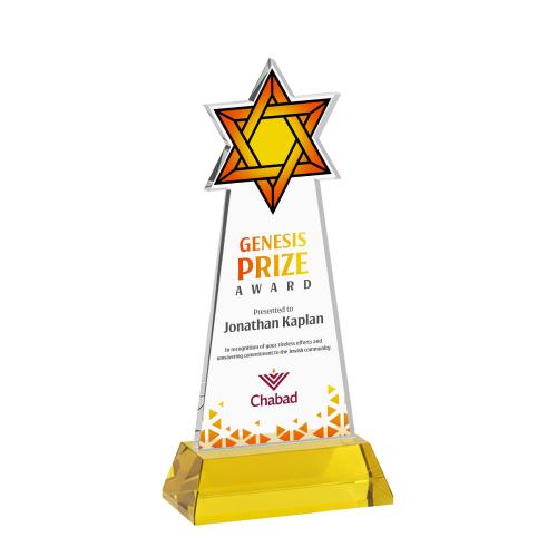 Awards and Trophies - Crystal Awards - Star of David Full Color Gold on Hartford Base Unique Crystal Award