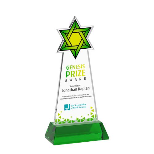 Awards and Trophies - Crystal Awards - Star of David Full Color Green on Hartford Base Unique Crystal Award