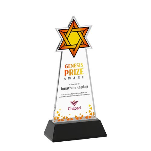 Awards and Trophies - Crystal Awards - Star of David Full Color Black on Hartford Base Unique Crystal Award