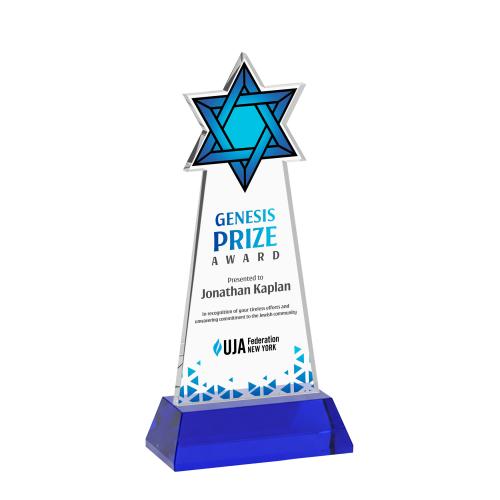 Awards and Trophies - Crystal Awards - Star of David Full Color Blue on Hartford Base Unique Crystal Award