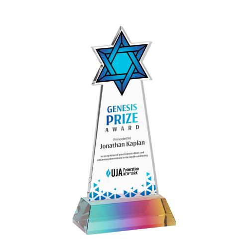 Awards and Trophies - Crystal Awards - Star of David Full Color Prismatic on Hartford Base Unique Crystal Award
