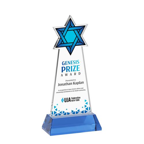 Awards and Trophies - Crystal Awards - Star of David Full Color Sky Blue on Hartford Base Unique Crystal Award