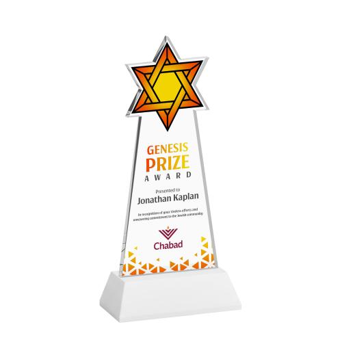 Awards and Trophies - Crystal Awards - Star of David Full Color White on Hartford Base Unique Crystal Award