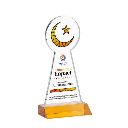 Awards and Trophies - Crystal Awards - Crescent & Star Full Color Amber Unique Crystal Award