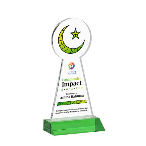 Awards and Trophies - Crystal Awards - Crescent & Star Full Color Green Unique Crystal Award