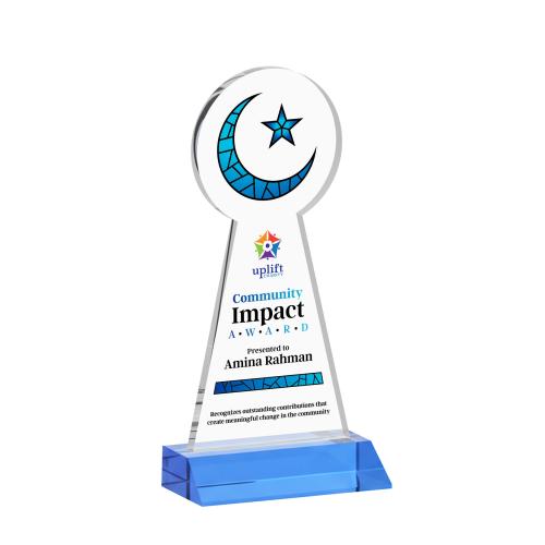 Awards and Trophies - Crystal Awards - Crescent & Star Full Color Sky Blue Unique Crystal Award