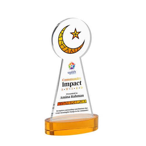 Awards and Trophies - Crystal Awards - Crescent & Star Full Color Amber on Alberton Base Unique Crystal Award