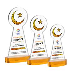 Crescent & Star Full Color Amber on Alberton Base Unique Crystal Award - Full Color Imprint