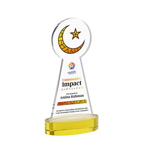 Awards and Trophies - Crystal Awards - Crescent & Star Full Color Gold on Alberton Base Unique Crystal Award