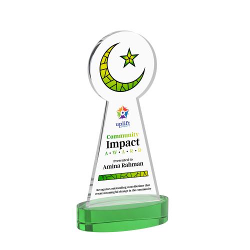 Awards and Trophies - Crystal Awards - Crescent & Star Full Color Green on Alberton Base Unique Crystal Award
