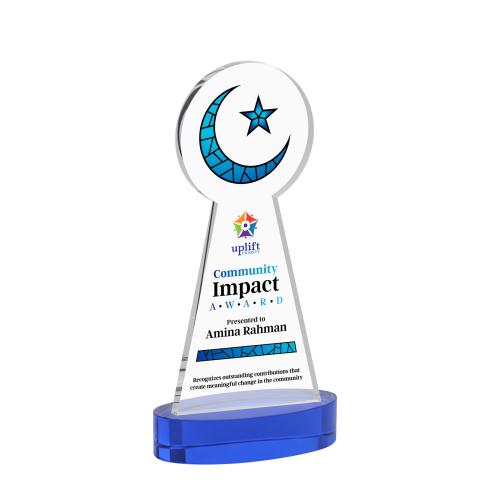 Awards and Trophies - Crystal Awards - Crescent & Star Full Color Blue on Alberton Base Unique Crystal Award