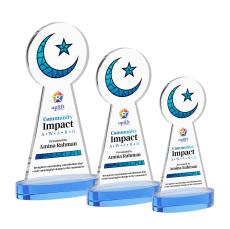 Crescent & Star Full Color Sky Blue on Alberton Base Unique Crystal Award - Full Color Imprint