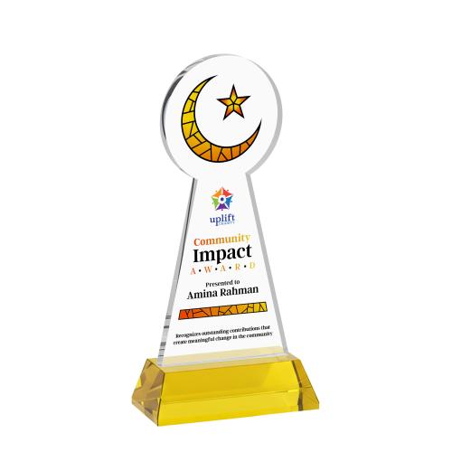 Awards and Trophies - Crystal Awards - Crescent & Star Full Color Gold on Hartford Base Unique Crystal Award