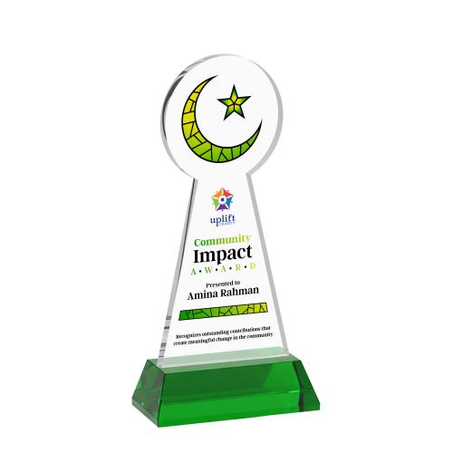 Awards and Trophies - Crystal Awards - Crescent & Star Full Color Green on Hartford Base Unique Crystal Award