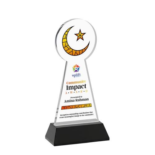 Awards and Trophies - Crystal Awards - Crescent & Star Full Color Black on Hartford Base Unique Crystal Award