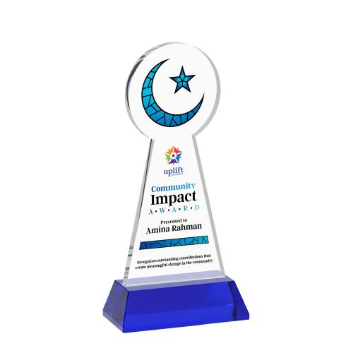 Awards and Trophies - Crystal Awards - Crescent & Star Full Color Blue on Hartford Base Unique Crystal Award