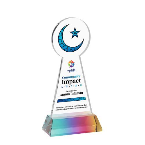 Awards and Trophies - Crystal Awards - Crescent & Star Full Color Unique on Hartford Base-Prismatic Crystal Award