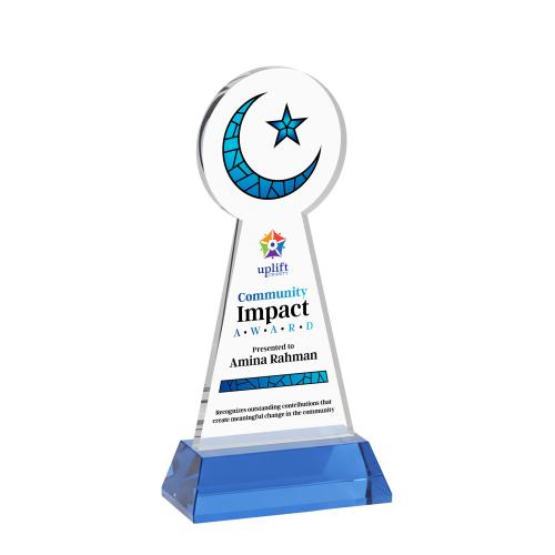 Awards and Trophies - Crystal Awards - Crescent & Star Full Color Unique on Hartford Base-Sky Blue Crystal Award