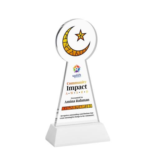 Awards and Trophies - Crystal Awards - Crescent & Star Full Color White on Hartford Base Unique Crystal Award