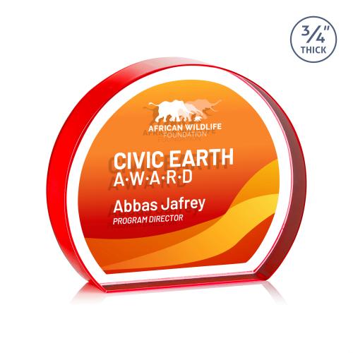 Awards and Trophies - Crystal Awards - Maren Hemisphere Full Color Double Sided Red Circle Crystal Award