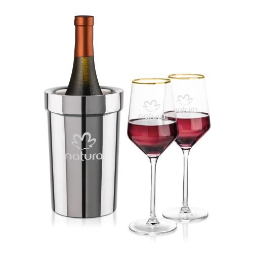 Corporate Gifts - Barware - Gift Sets - Milano Wine Cooler & 2 Tucson Gold Rim Wine Set