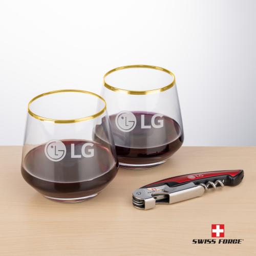 Corporate Gifts - Barware - Gift Sets - Swiss Force&reg; Opener & Tucson Gold Rim Stemless Wine