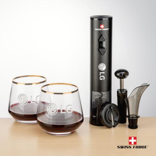 Corporate Gifts - Barware - Gift Sets - Swiss Force&reg; Opener Set & Tucson Gold Rim Stemless Wine