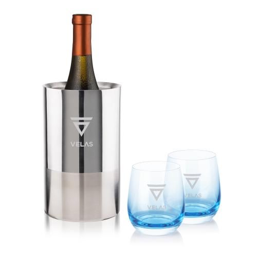 Corporate Gifts - Barware - Wine Glasses - Catania Wine Cooler & Soudan Blue Stemless Wine