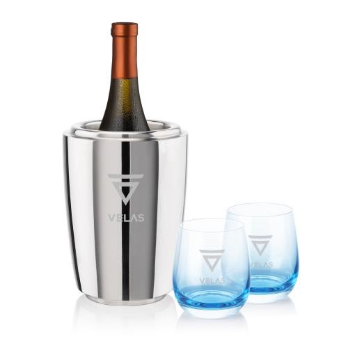 Corporate Gifts - Barware - Wine Glasses - Pescara Wine Cooler & Soudan Blue Stemless Wine