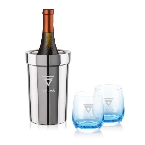 Corporate Gifts - Barware - Wine Glasses - Milano Wine Cooler & Soudan Blue Stemless Wine