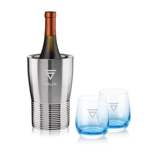 Corporate Gifts - Barware - Wine Glasses - Genoa Wine Cooler & Soudan Blue Stemless Wine