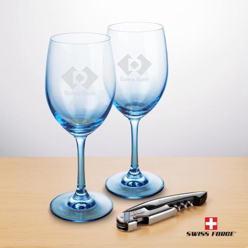 Corporate Gifts - Barware - Wine Glasses - Swiss Force&reg; Wine Tool & 2 Soudan Blue Wine