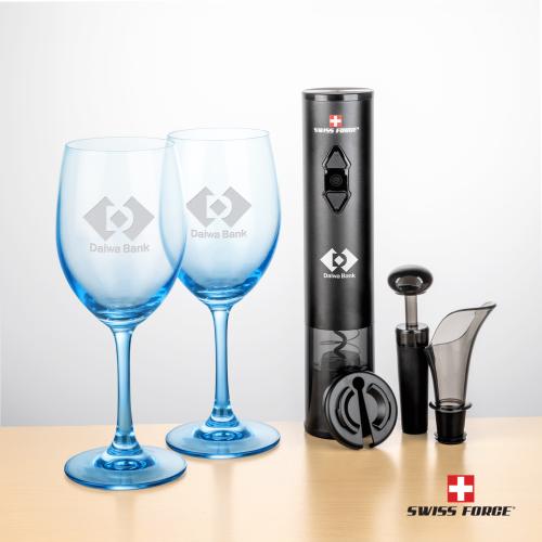 Corporate Gifts - Barware - Wine Glasses - Swiss Force&reg; Opener Set & Soudan Blue Wine