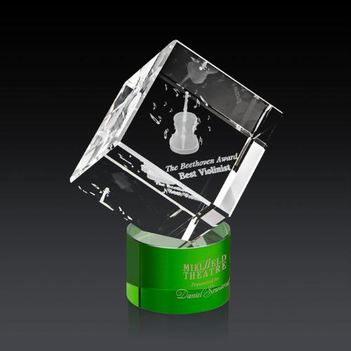 Awards and Trophies - Crystal Awards - Burrill 3D Green on Marvel Base Square / Cube Crystal Award