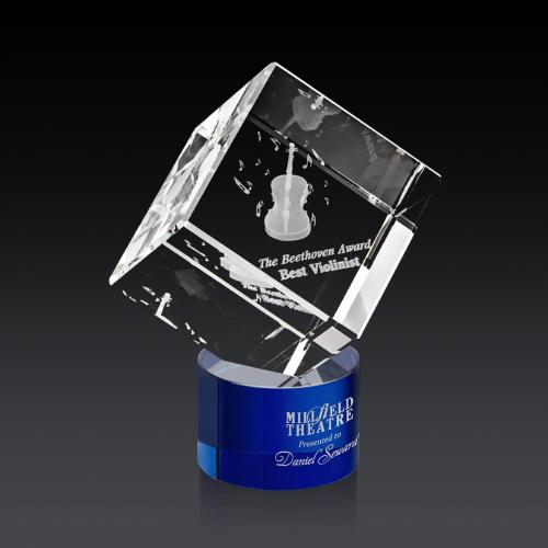 Awards and Trophies - Crystal Awards - Burrill 3D Blue on Marvel Base Square / Cube Crystal Award