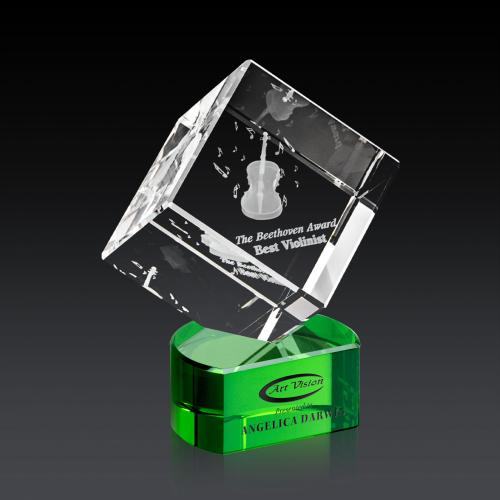 Awards and Trophies - Crystal Awards - Burrill 3D Green on Paragon Base Square / Cube Crystal Award
