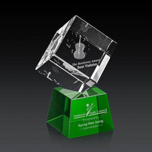 Awards and Trophies - Crystal Awards - Burrill 3D Green on Robson Base Square / Cube Crystal Award