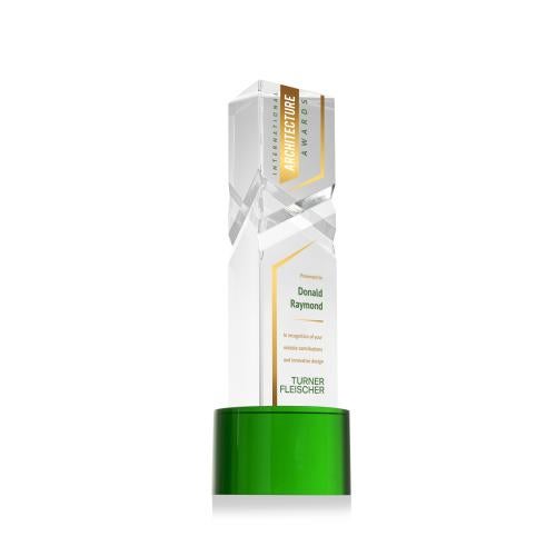 Awards and Trophies - Crystal Awards - Oakham Full Color Green on Marvel Base Towers Crystal Award