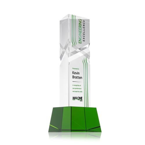 Awards and Trophies - Crystal Awards - Oakham Full Color Green on Robson Base Towers Crystal Award
