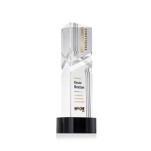 Awards and Trophies - Crystal Awards - Oakham Full Color Black on Stanrich Base Towers Crystal Award