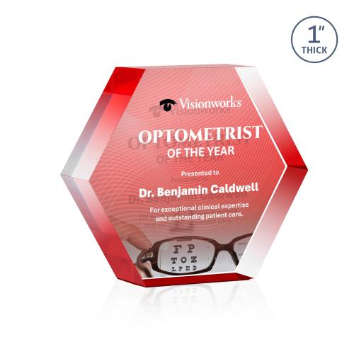 Awards and Trophies - Acrylic Awards - Markville Hexagon Full Color Double Sided Red Acrylic Award