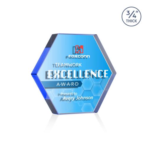 Awards and Trophies - Crystal Awards - Gilford Hexagon Full Color Double Sided Blue Crystal Award